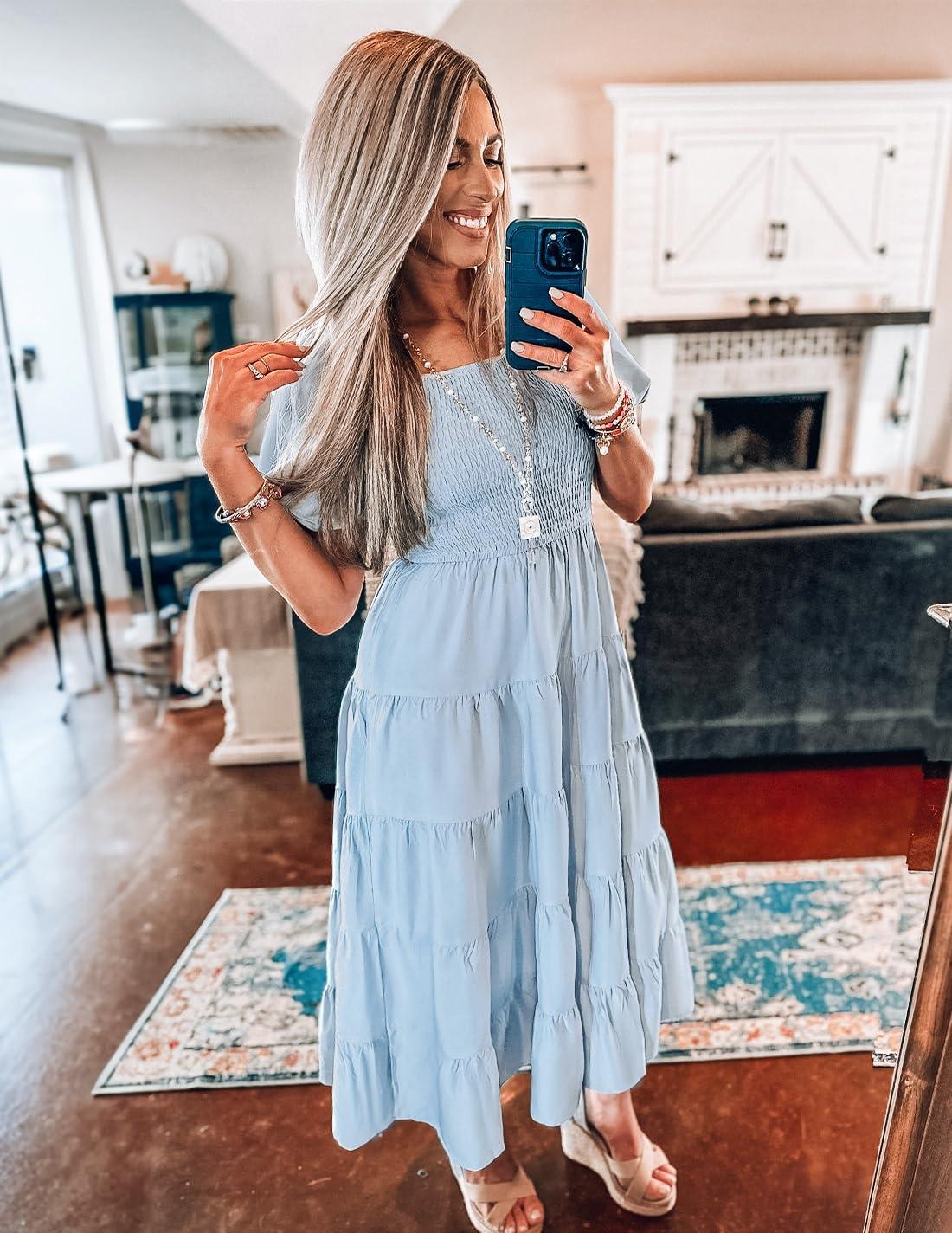 imageZESICA Womens 2026 Summer Square Neck Short Puff Sleeve Solid Color High Waist Casual Smocked Flowy A Line Tiered Midi DressSky Blue
