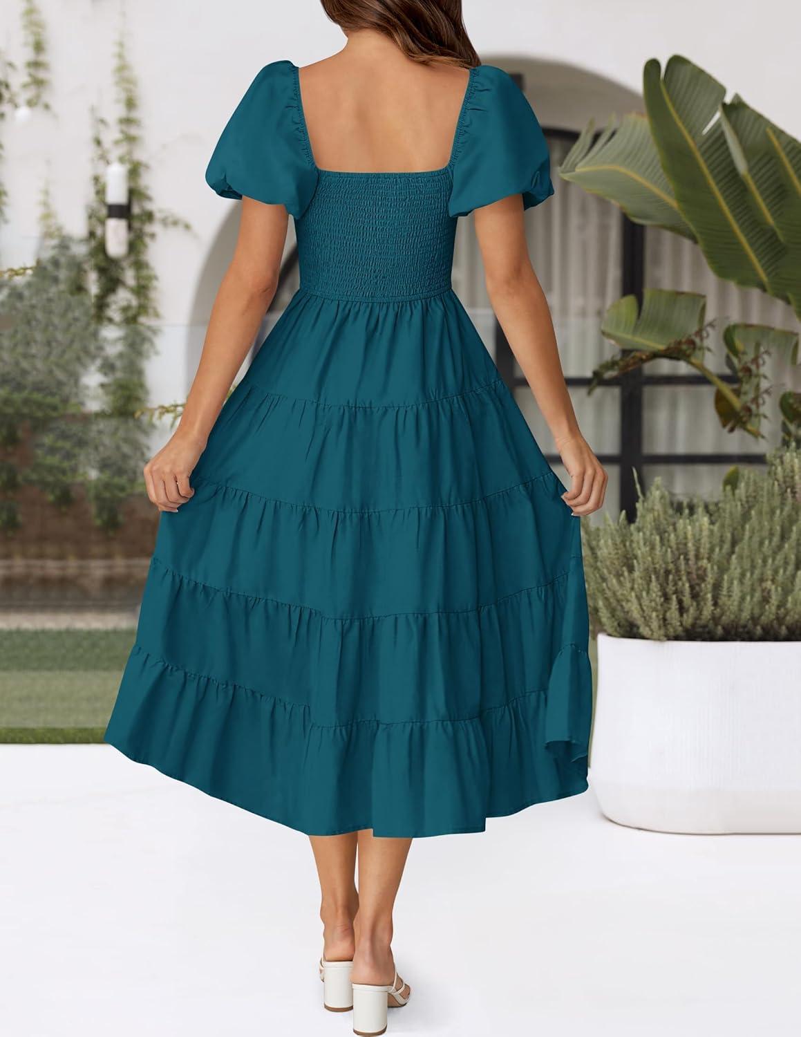 imageZESICA Womens 2026 Summer Square Neck Short Puff Sleeve Solid Color High Waist Casual Smocked Flowy A Line Tiered Midi DressTeal