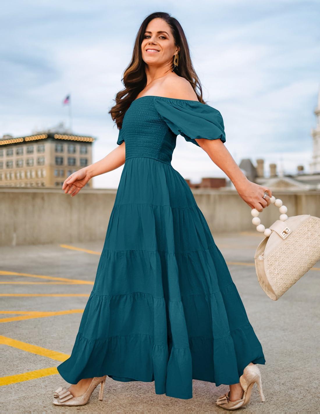 imageZESICA Womens 2026 Summer Square Neck Short Puff Sleeve Solid Color High Waist Casual Smocked Flowy A Line Tiered Midi DressTeal