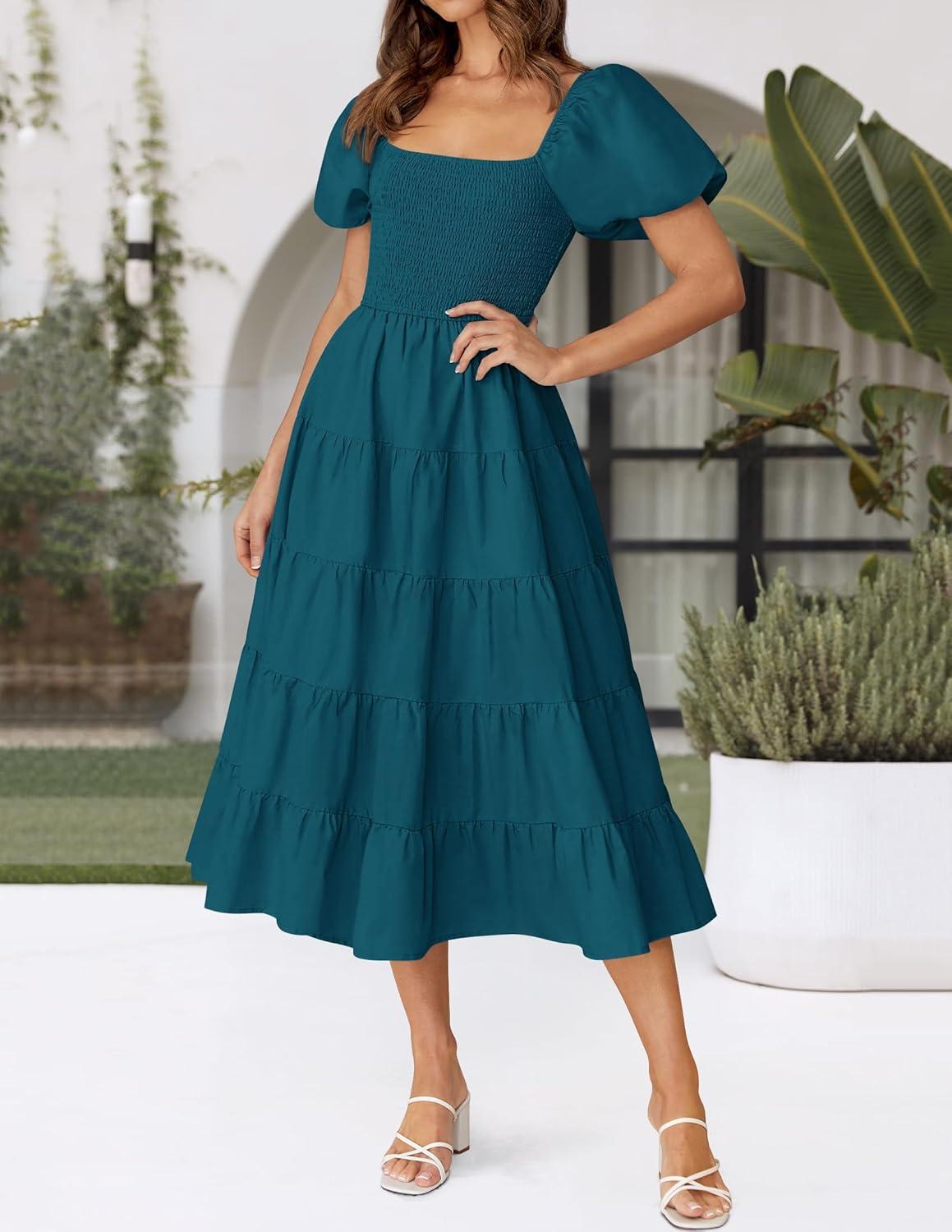 imageZESICA Womens 2026 Summer Square Neck Short Puff Sleeve Solid Color High Waist Casual Smocked Flowy A Line Tiered Midi DressTeal