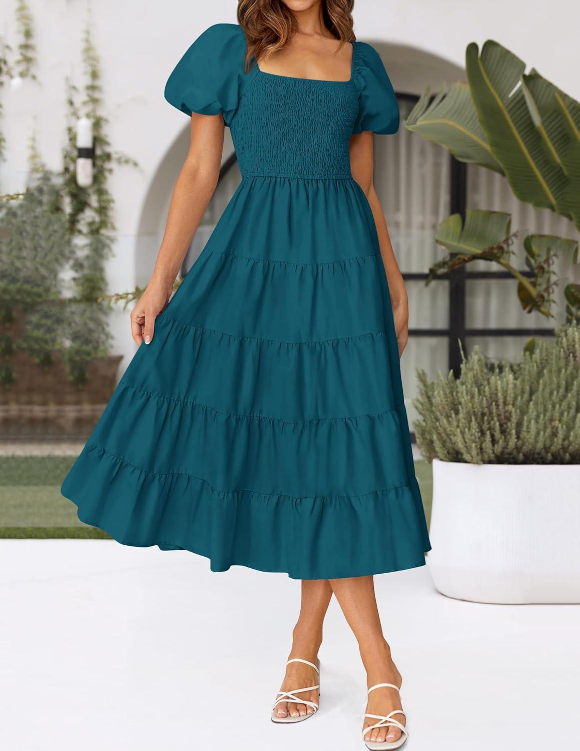 imageZESICA Womens 2026 Summer Square Neck Short Puff Sleeve Solid Color High Waist Casual Smocked Flowy A Line Tiered Midi DressTeal
