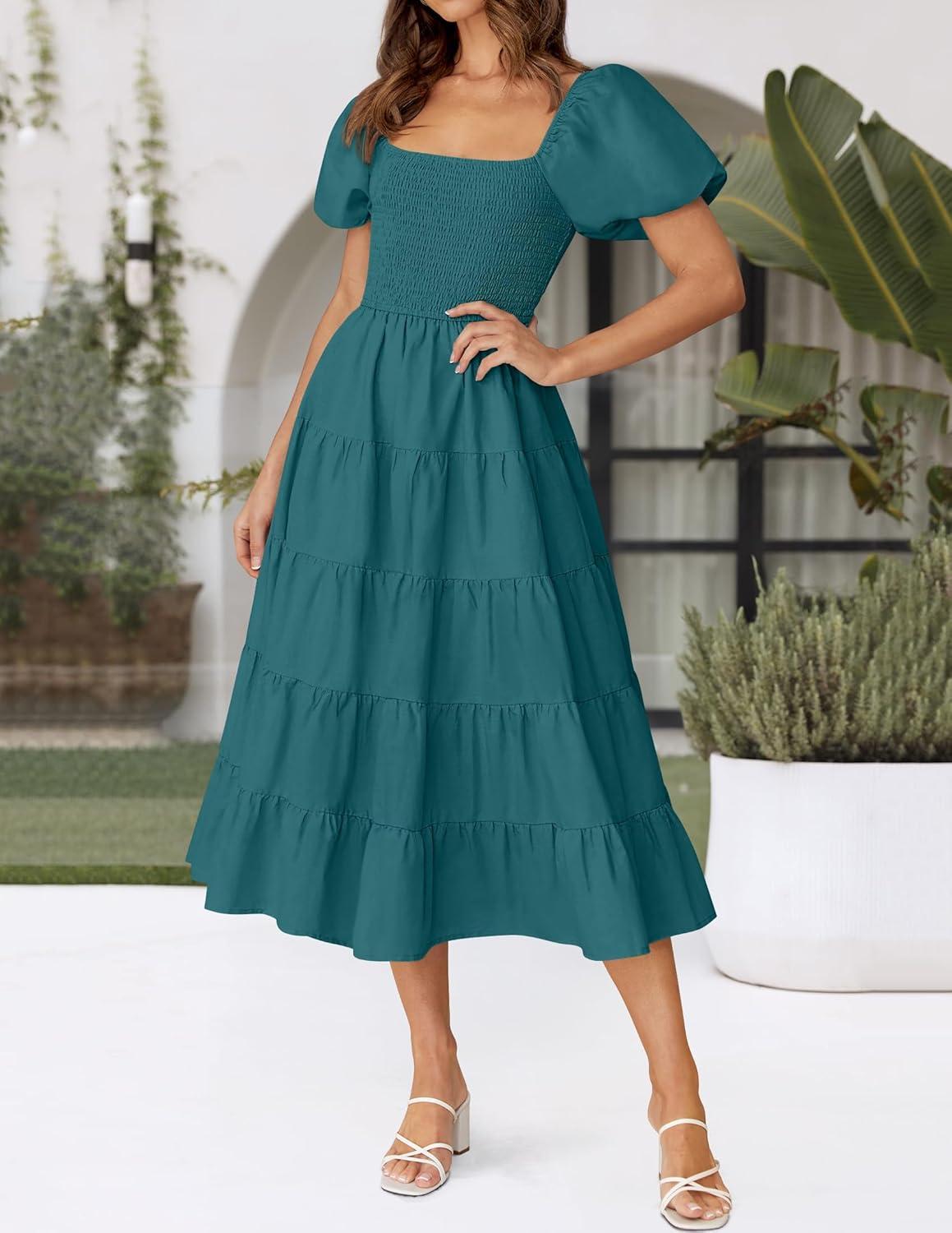 imageZESICA Womens 2026 Summer Square Neck Short Puff Sleeve Solid Color High Waist Casual Smocked Flowy A Line Tiered Midi DressTeal Green