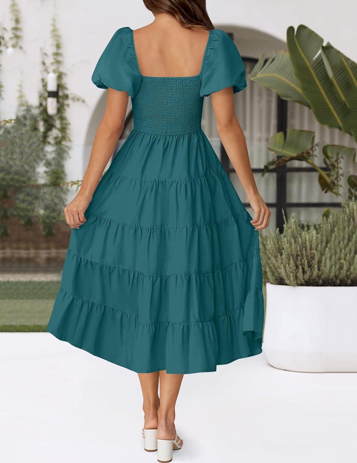 imageZESICA Womens 2026 Summer Square Neck Short Puff Sleeve Solid Color High Waist Casual Smocked Flowy A Line Tiered Midi DressTeal Green