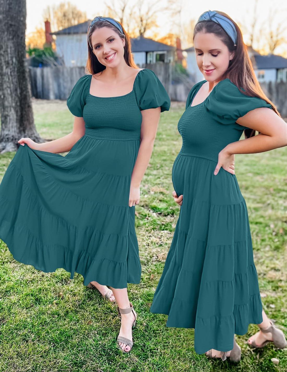 imageZESICA Womens 2026 Summer Square Neck Short Puff Sleeve Solid Color High Waist Casual Smocked Flowy A Line Tiered Midi DressTeal Green