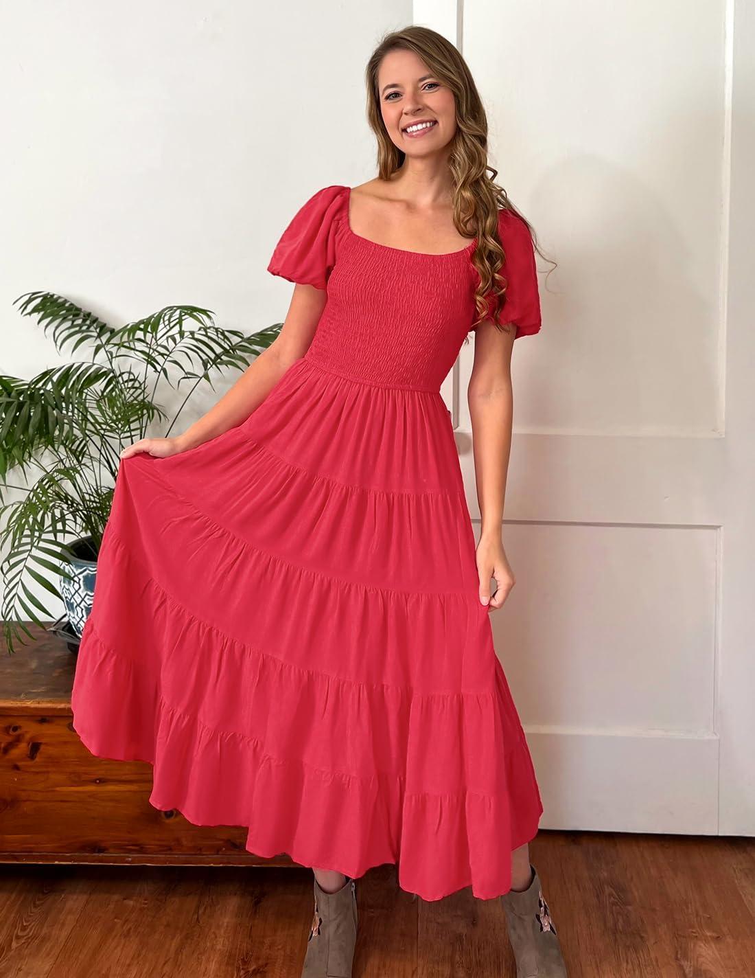 imageZESICA Womens 2026 Summer Square Neck Short Puff Sleeve Solid Color High Waist Casual Smocked Flowy A Line Tiered Midi DressWatermelon