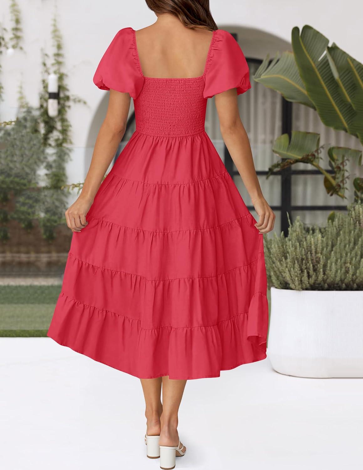 imageZESICA Womens 2026 Summer Square Neck Short Puff Sleeve Solid Color High Waist Casual Smocked Flowy A Line Tiered Midi DressWatermelon