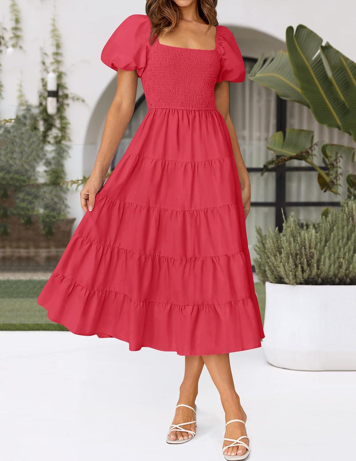 imageZESICA Womens 2026 Summer Square Neck Short Puff Sleeve Solid Color High Waist Casual Smocked Flowy A Line Tiered Midi DressWatermelon