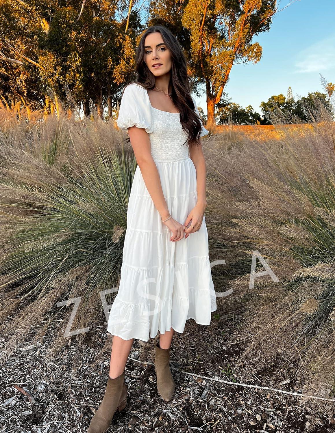 imageZESICA Womens 2026 Summer Square Neck Short Puff Sleeve Solid Color High Waist Casual Smocked Flowy A Line Tiered Midi DressWhite