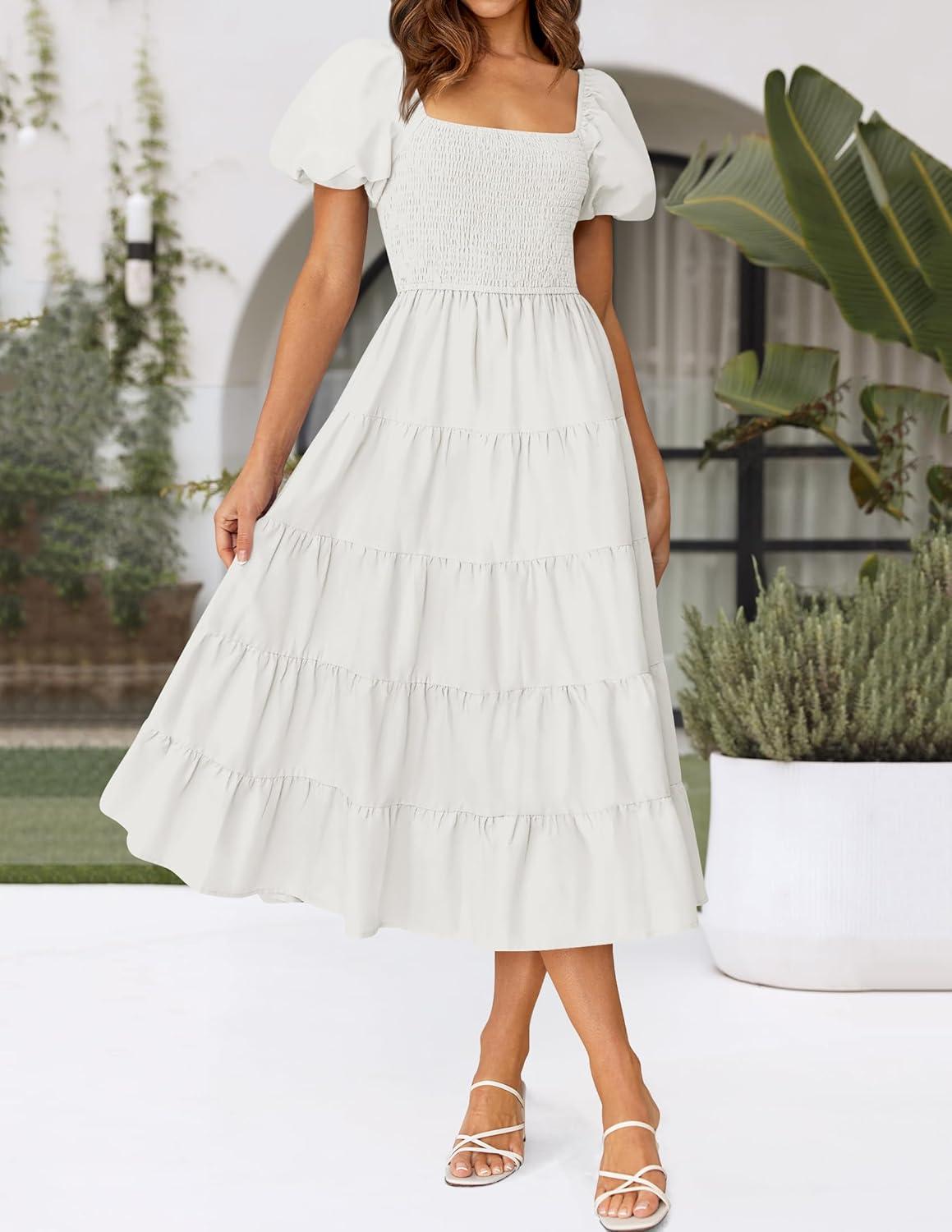 imageZESICA Womens 2026 Summer Square Neck Short Puff Sleeve Solid Color High Waist Casual Smocked Flowy A Line Tiered Midi DressWhite