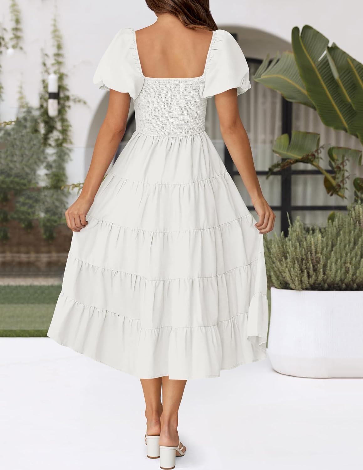 imageZESICA Womens 2026 Summer Square Neck Short Puff Sleeve Solid Color High Waist Casual Smocked Flowy A Line Tiered Midi DressWhite