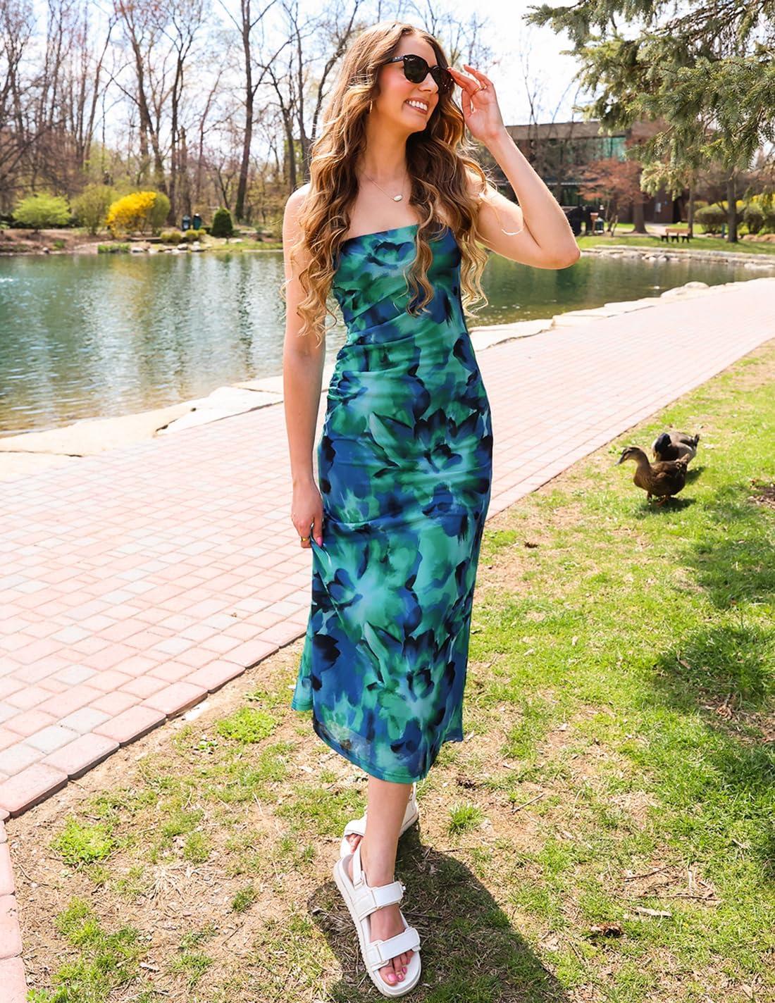 imageZESICA Womens Boho Floral Strapless Maxi Dress 2026 Summer Off Shoulder Bodycon Beach Party Long DressesGreen