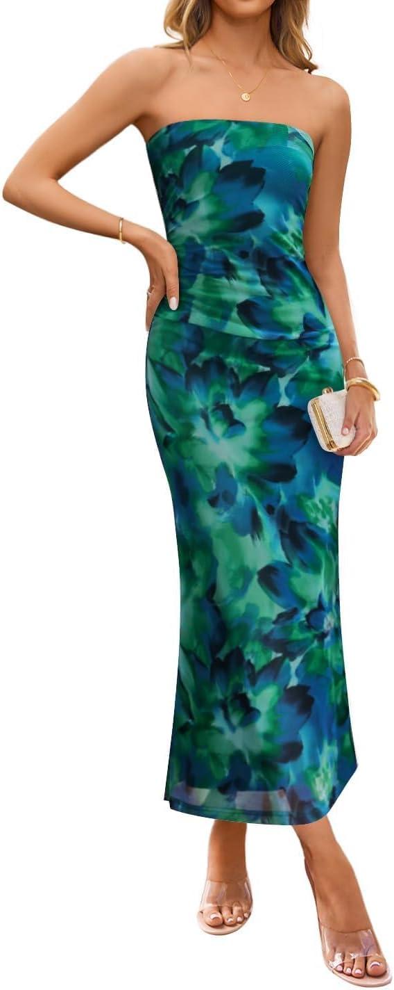 imageZESICA Womens Boho Floral Strapless Maxi Dress 2026 Summer Off Shoulder Bodycon Beach Party Long DressesGreen