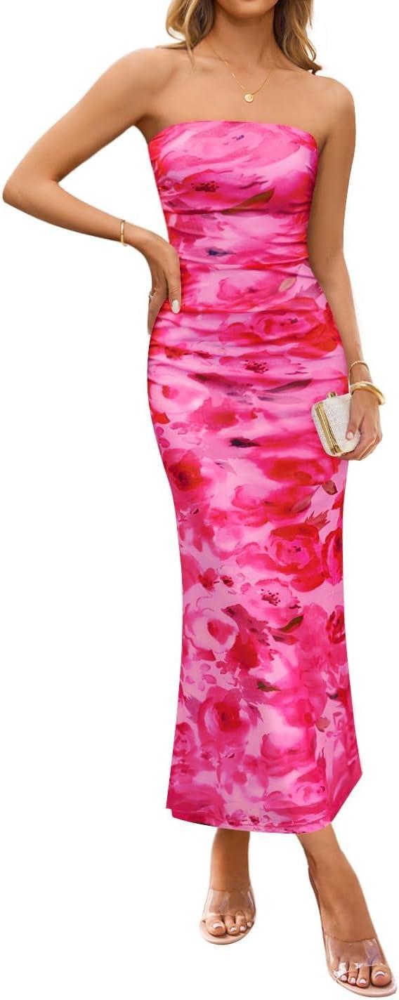 imageZESICA Womens Boho Floral Strapless Maxi Dress 2026 Summer Off Shoulder Bodycon Beach Party Long DressesPink