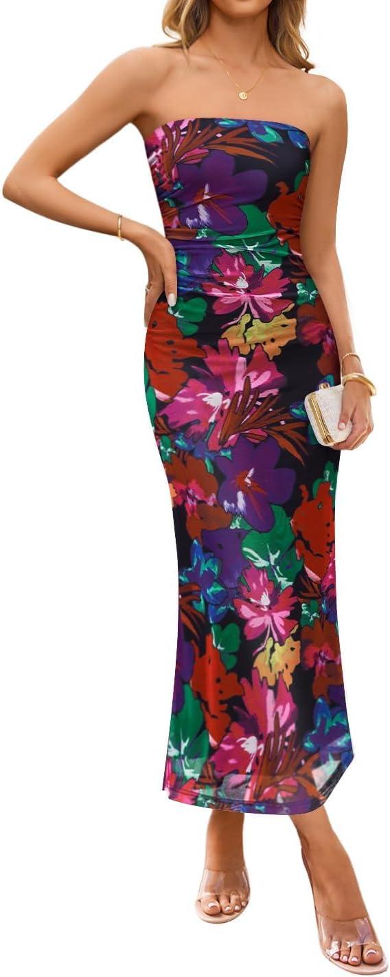 imageZESICA Womens Boho Floral Strapless Maxi Dress 2026 Summer Off Shoulder Bodycon Beach Party Long DressesPurple