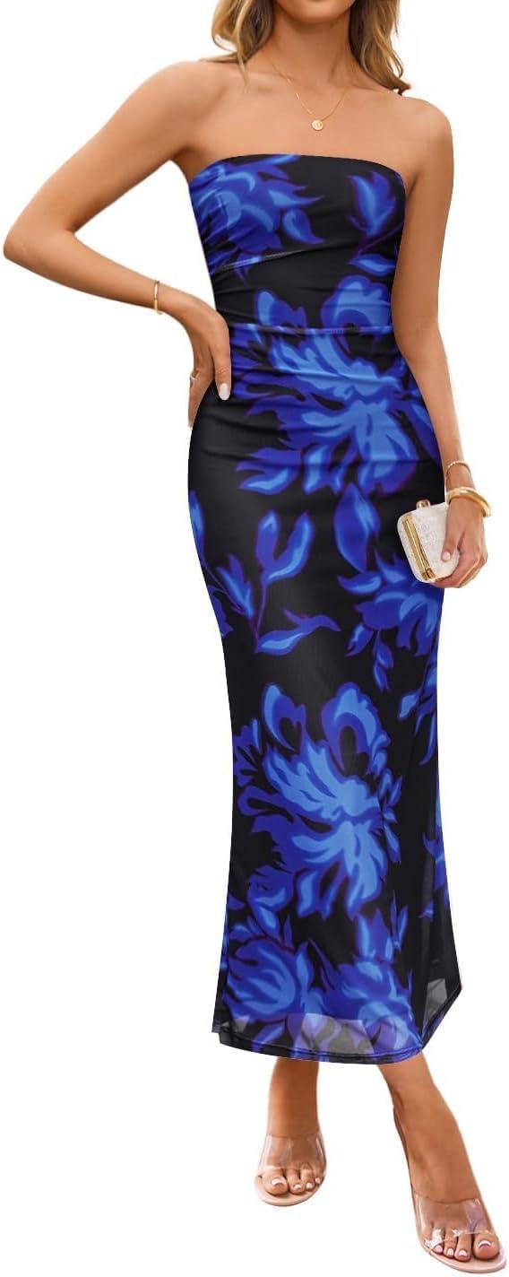 imageZESICA Womens Boho Floral Strapless Maxi Dress 2026 Summer Off Shoulder Bodycon Beach Party Long DressesRoyal Blue