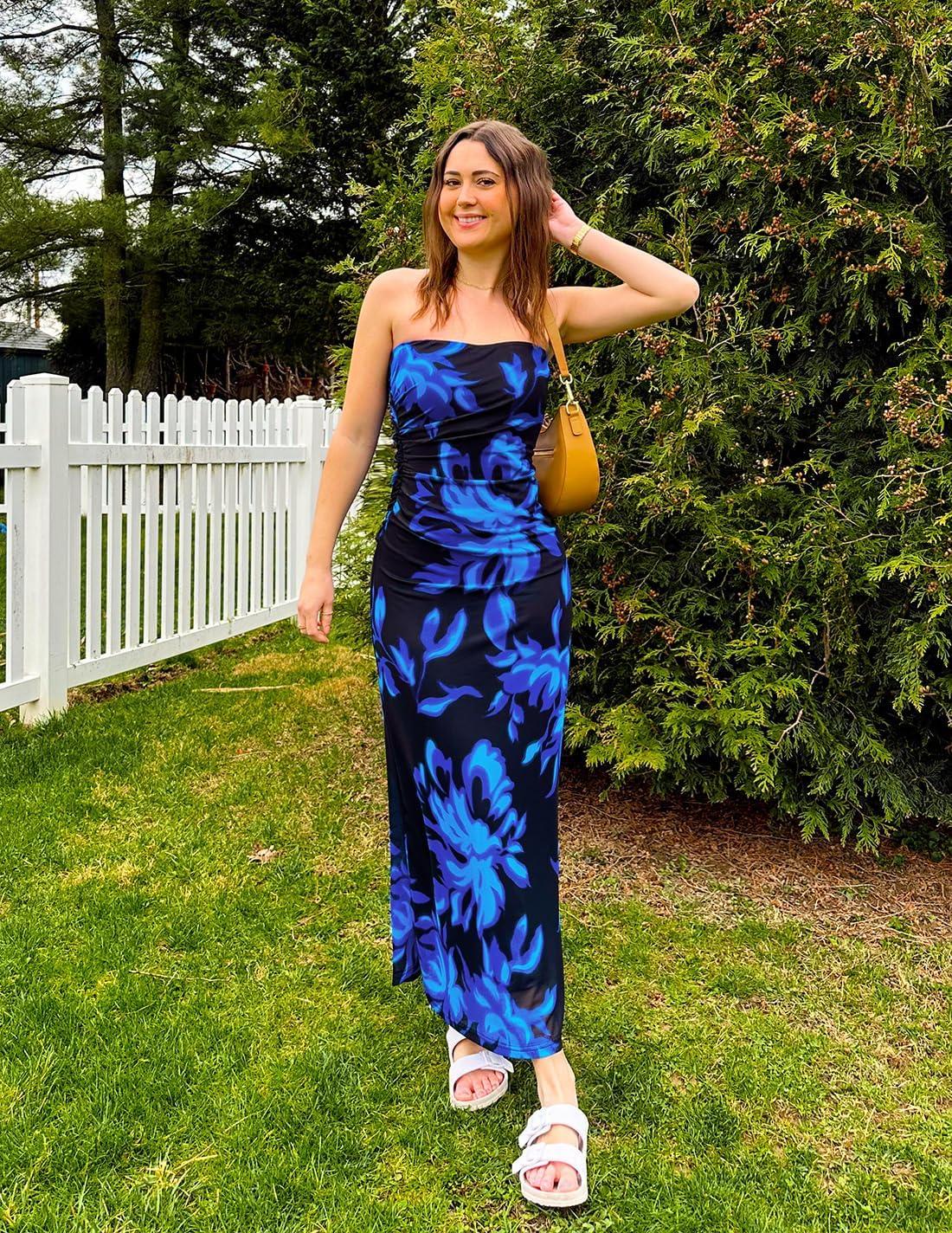 imageZESICA Womens Boho Floral Strapless Maxi Dress 2026 Summer Off Shoulder Bodycon Beach Party Long DressesRoyal Blue