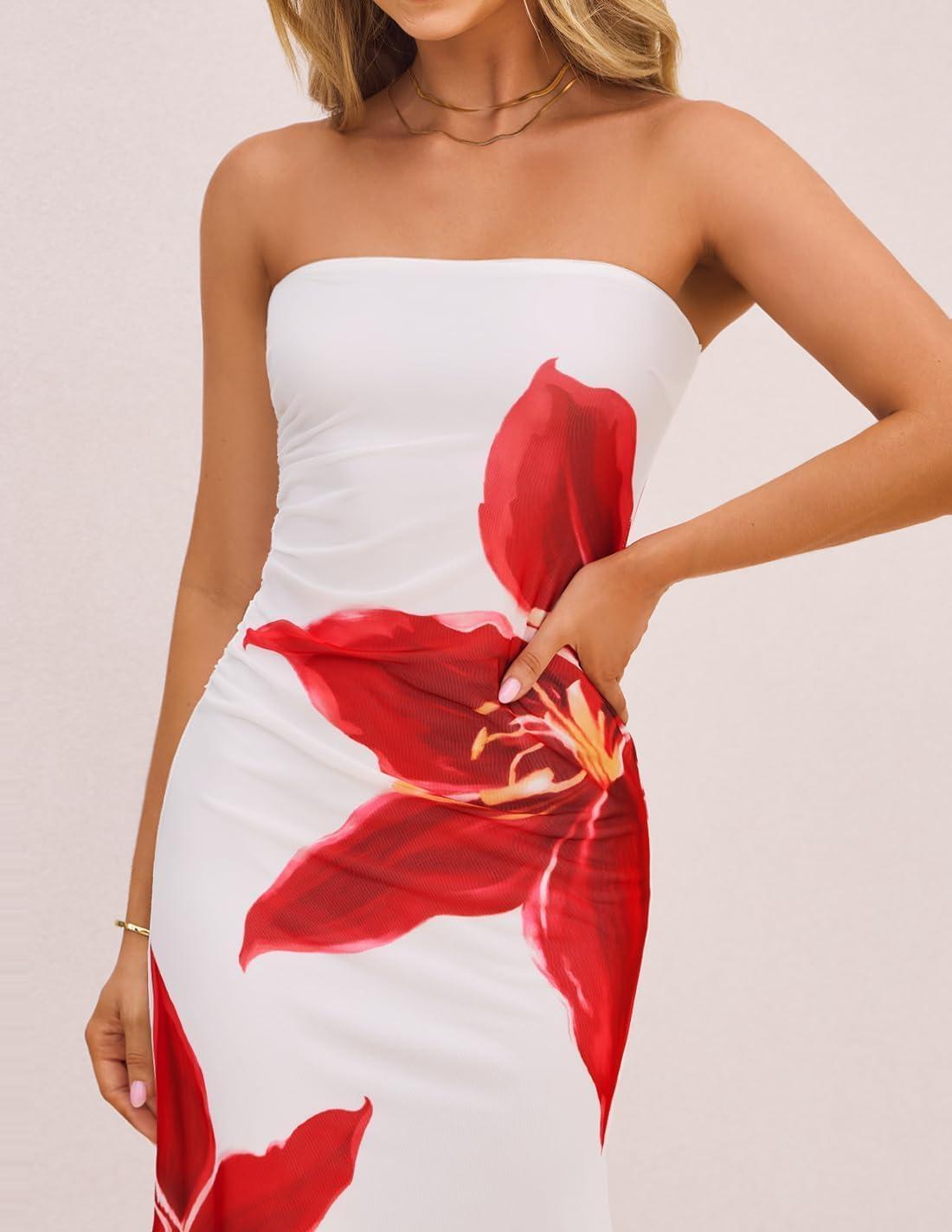 imageZESICA Womens Boho Floral Strapless Maxi Dress 2026 Summer Off Shoulder Bodycon Beach Party Long DressesWhite