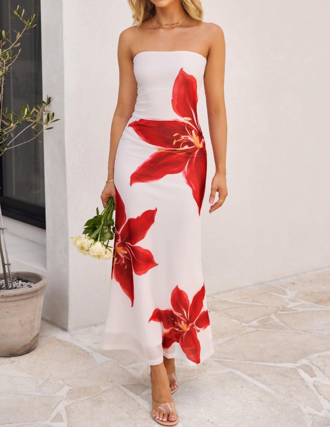 imageZESICA Womens Boho Floral Strapless Maxi Dress 2026 Summer Off Shoulder Bodycon Beach Party Long DressesWhite