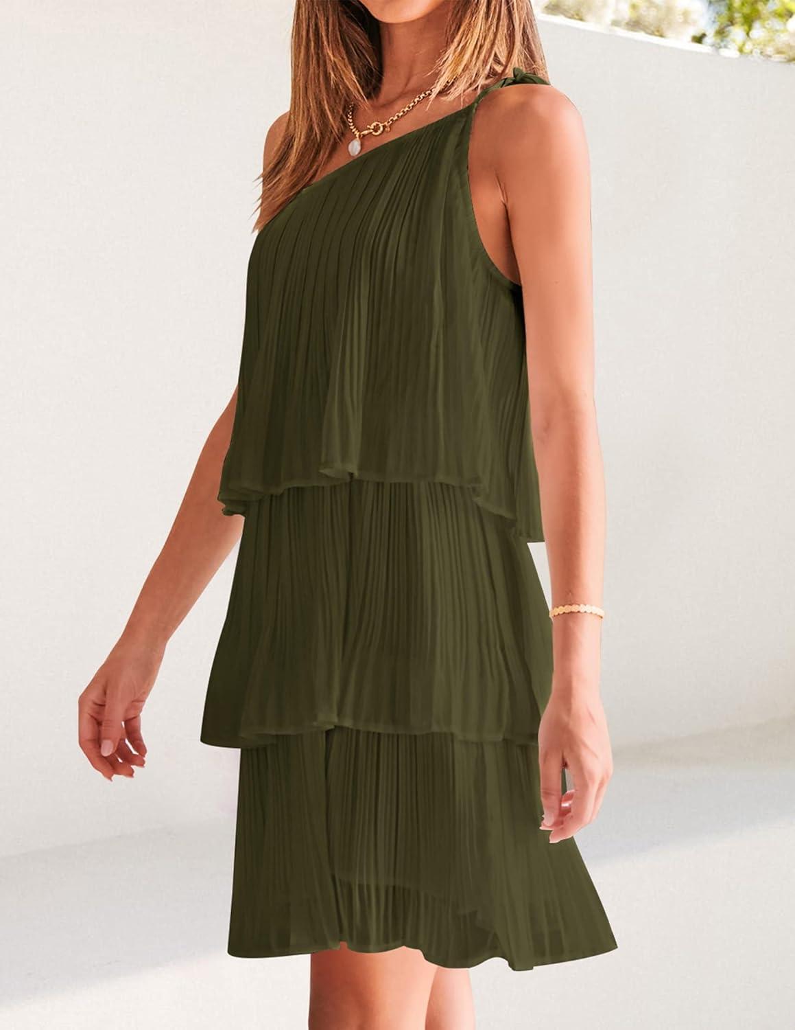 imageZESICA Womens Boho Summer One Shoulder Sleeveless Ruffle Tiered Layered Chiffon Pleated A Line Flowy Mini DressArmygreen