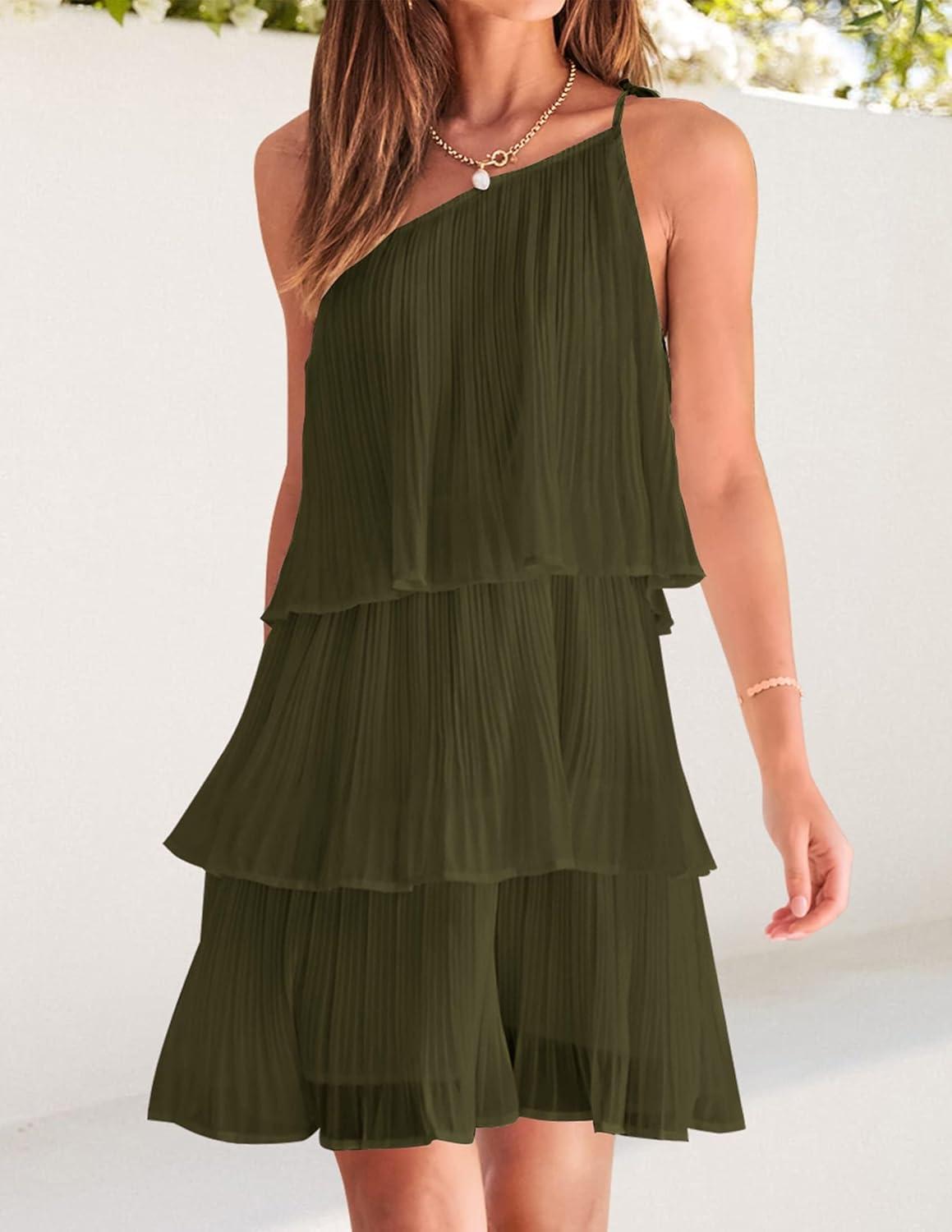 imageZESICA Womens Boho Summer One Shoulder Sleeveless Ruffle Tiered Layered Chiffon Pleated A Line Flowy Mini DressArmygreen