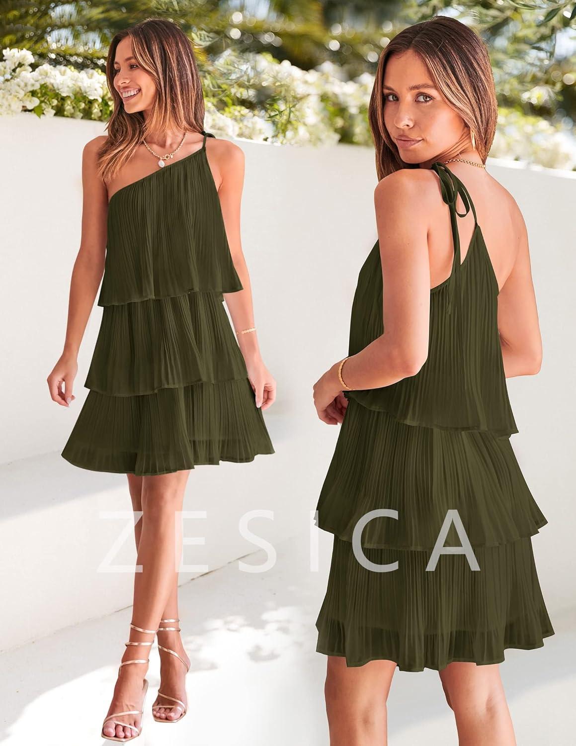 imageZESICA Womens Boho Summer One Shoulder Sleeveless Ruffle Tiered Layered Chiffon Pleated A Line Flowy Mini DressArmygreen