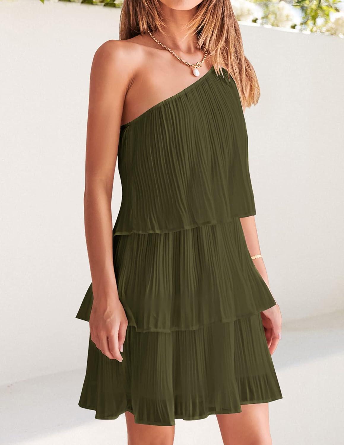 imageZESICA Womens Boho Summer One Shoulder Sleeveless Ruffle Tiered Layered Chiffon Pleated A Line Flowy Mini DressArmygreen