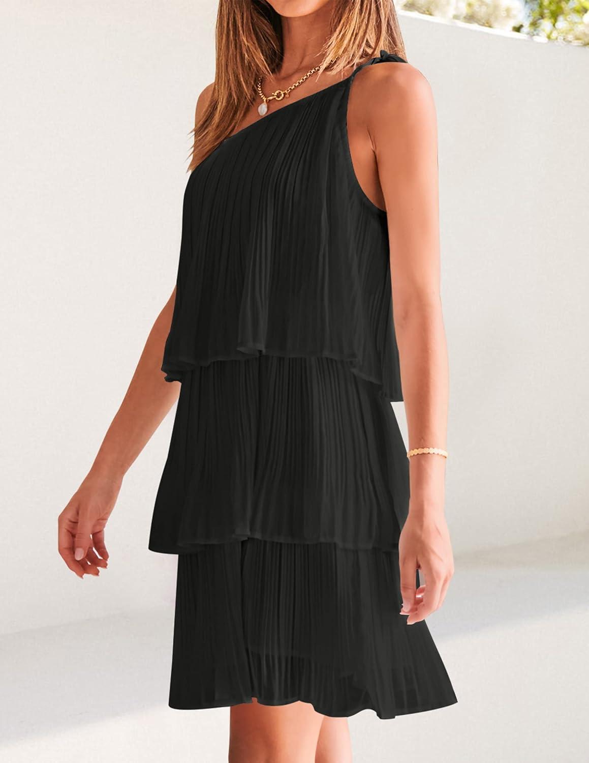 imageZESICA Womens Boho Summer One Shoulder Sleeveless Ruffle Tiered Layered Chiffon Pleated A Line Flowy Mini DressBlack