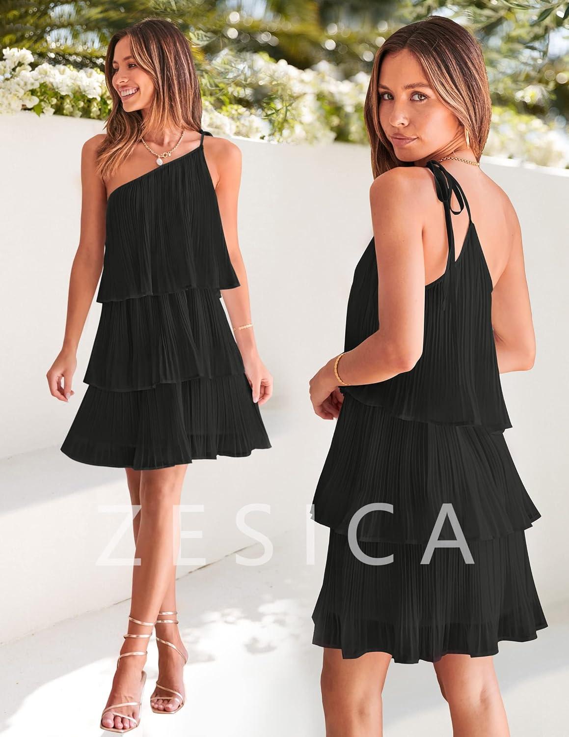 imageZESICA Womens Boho Summer One Shoulder Sleeveless Ruffle Tiered Layered Chiffon Pleated A Line Flowy Mini DressBlack