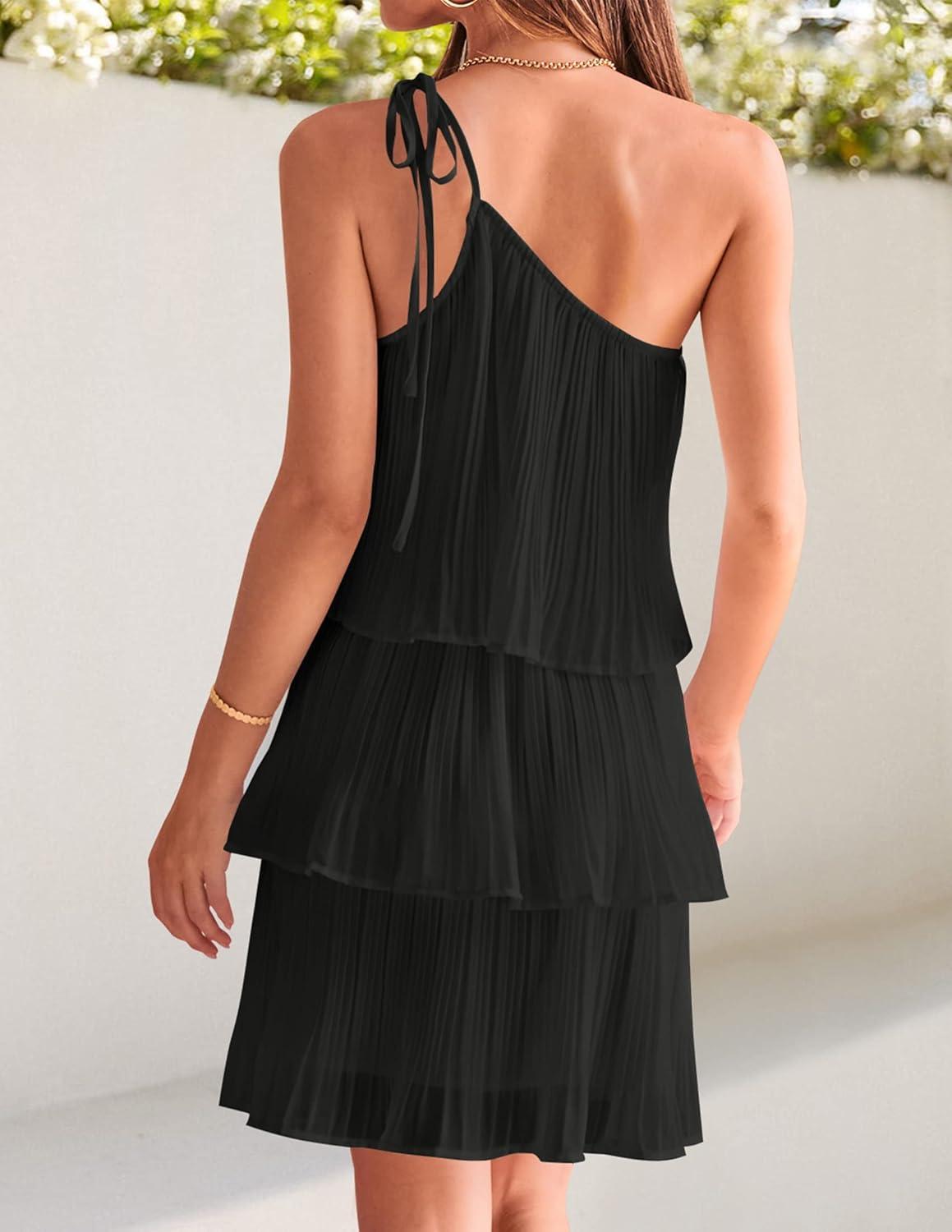 imageZESICA Womens Boho Summer One Shoulder Sleeveless Ruffle Tiered Layered Chiffon Pleated A Line Flowy Mini DressBlack