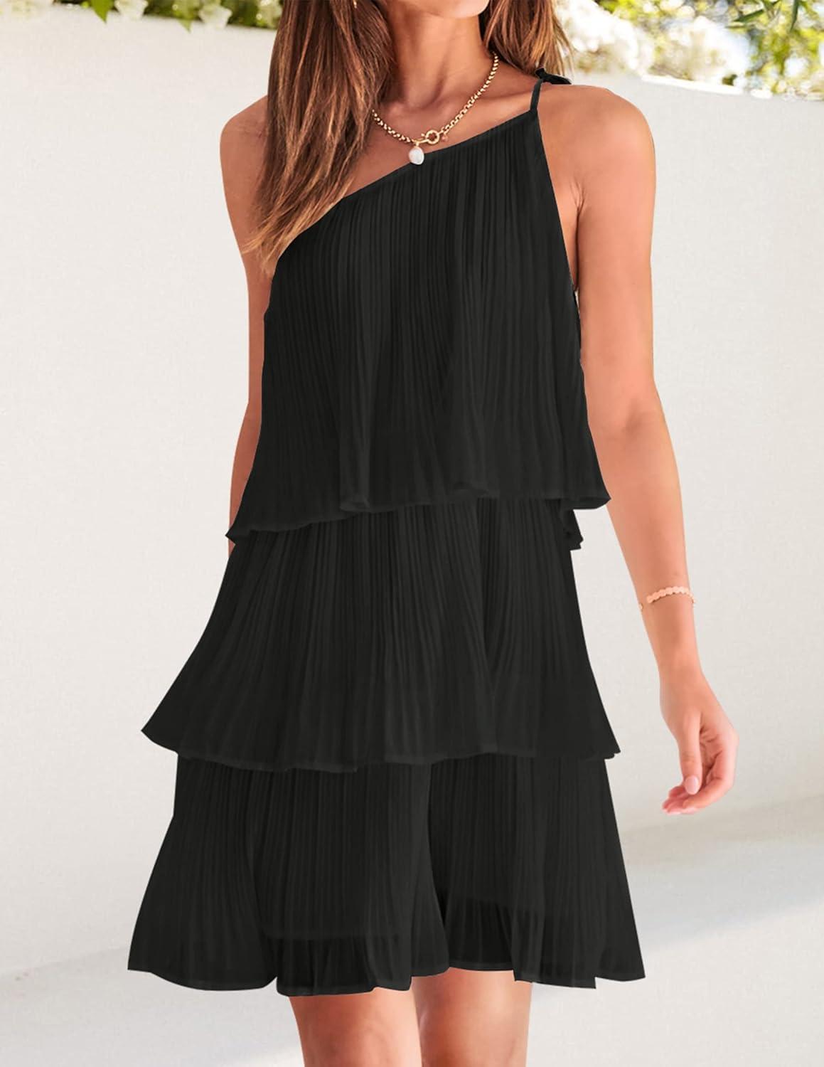 imageZESICA Womens Boho Summer One Shoulder Sleeveless Ruffle Tiered Layered Chiffon Pleated A Line Flowy Mini DressBlack