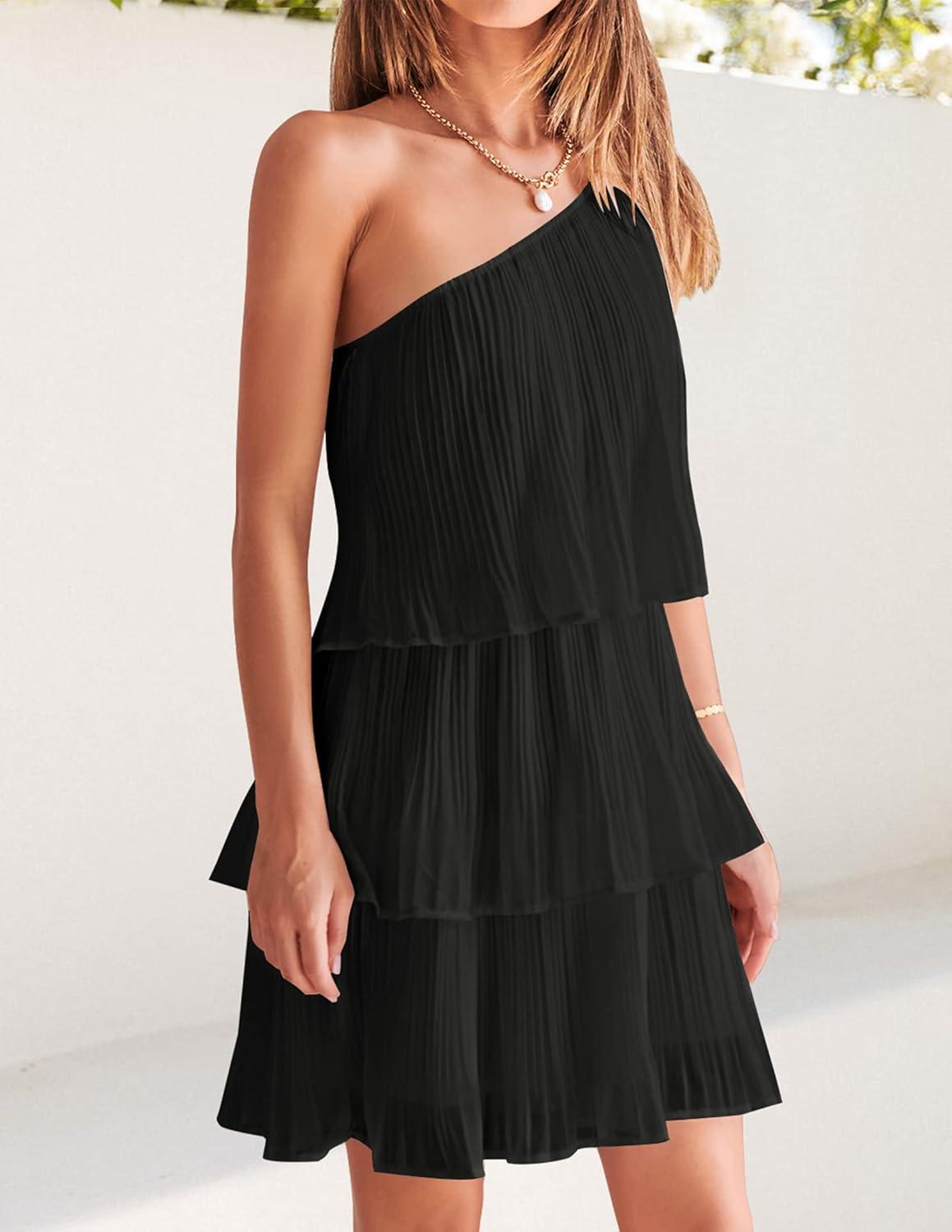 imageZESICA Womens Boho Summer One Shoulder Sleeveless Ruffle Tiered Layered Chiffon Pleated A Line Flowy Mini DressBlack