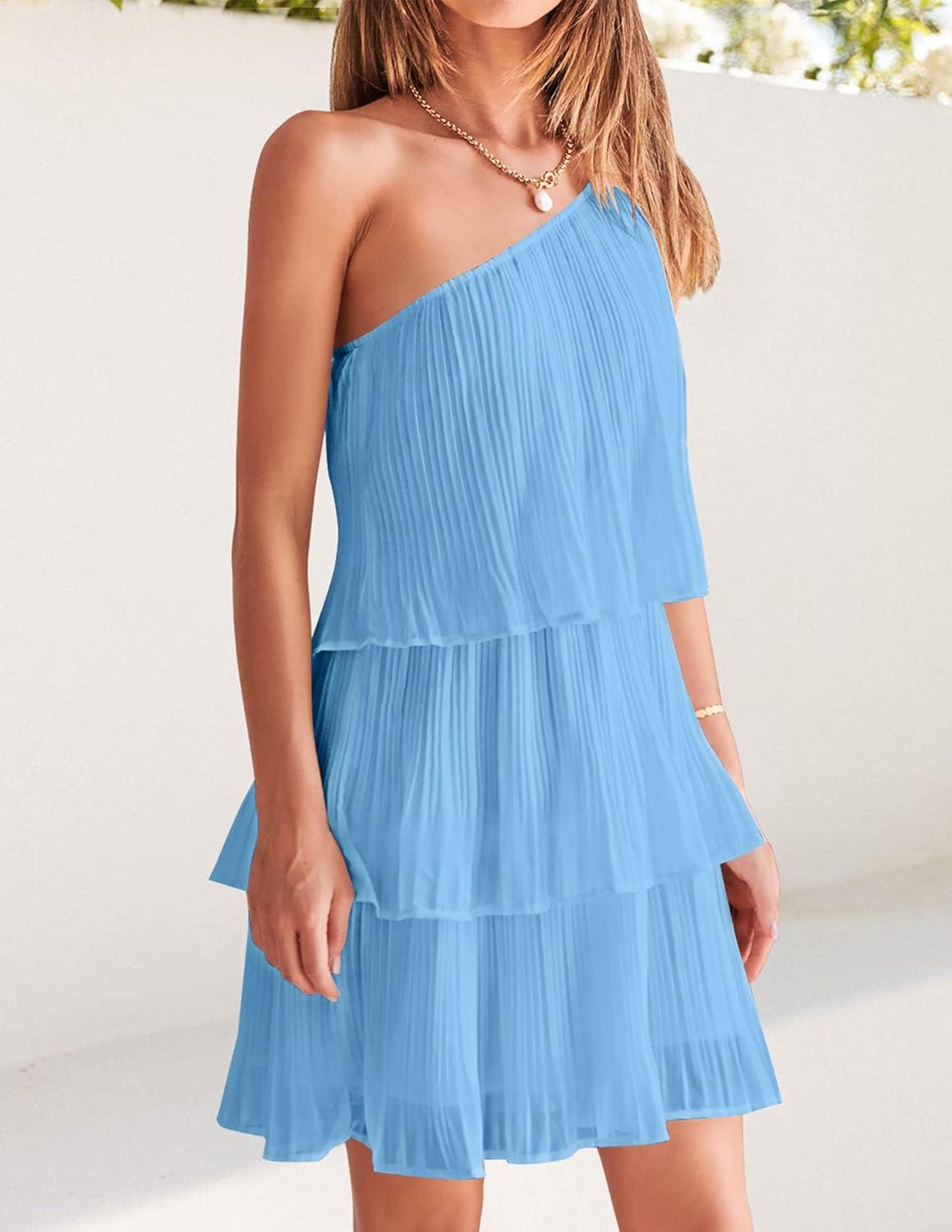 imageZESICA Womens Boho Summer One Shoulder Sleeveless Ruffle Tiered Layered Chiffon Pleated A Line Flowy Mini DressBlue