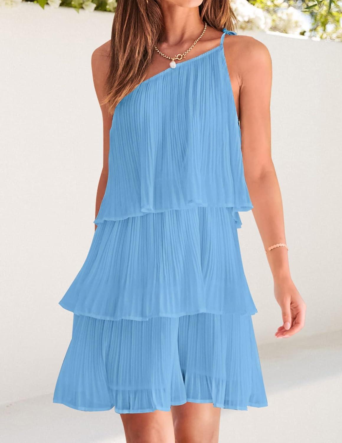 imageZESICA Womens Boho Summer One Shoulder Sleeveless Ruffle Tiered Layered Chiffon Pleated A Line Flowy Mini DressBlue