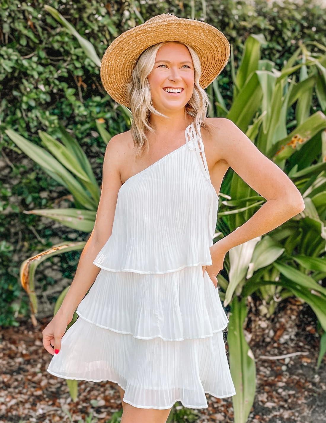 imageZESICA Womens Boho Summer One Shoulder Sleeveless Ruffle Tiered Layered Chiffon Pleated A Line Flowy Mini DressIvory