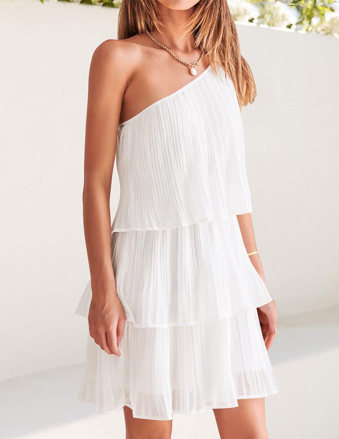 imageZESICA Womens Boho Summer One Shoulder Sleeveless Ruffle Tiered Layered Chiffon Pleated A Line Flowy Mini DressIvory