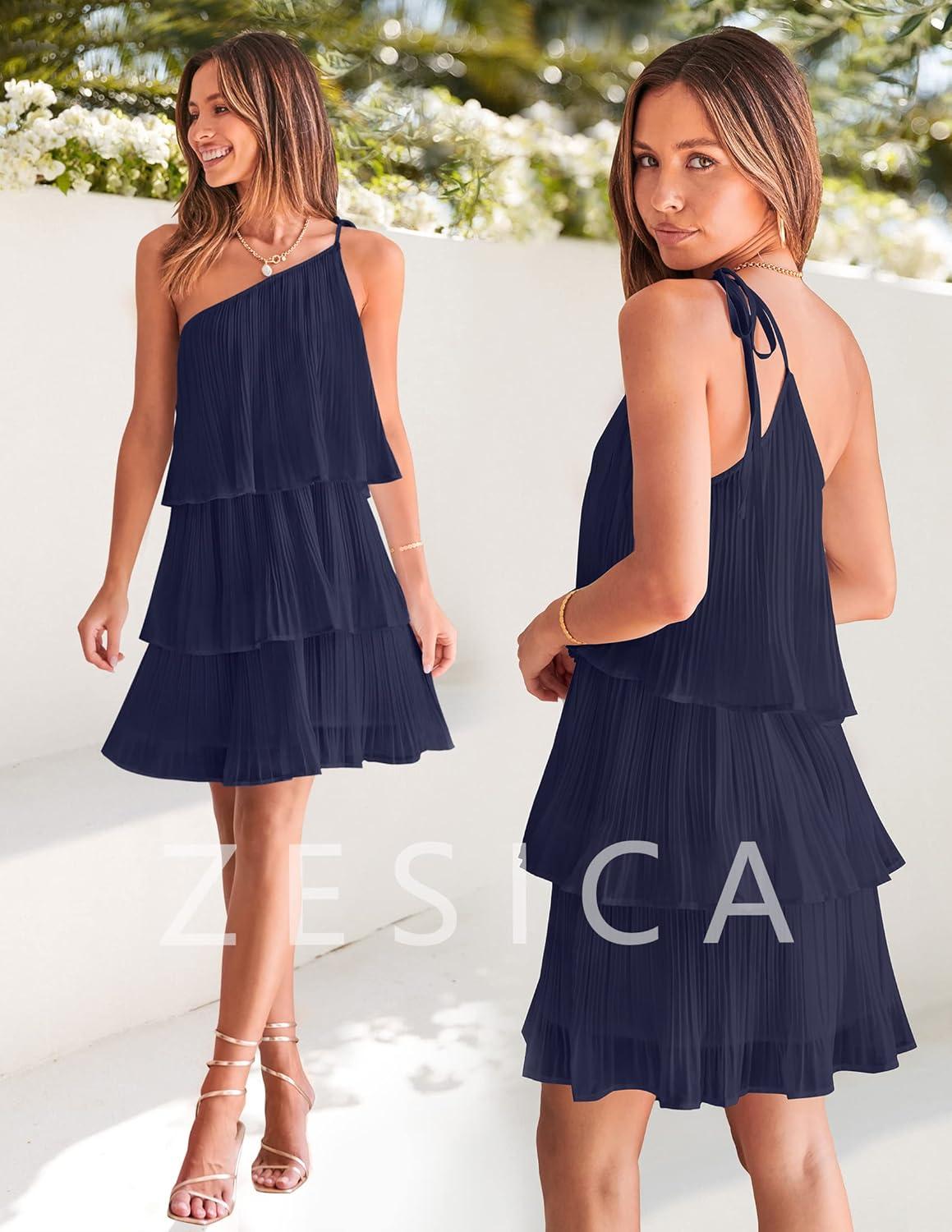 imageZESICA Womens Boho Summer One Shoulder Sleeveless Ruffle Tiered Layered Chiffon Pleated A Line Flowy Mini DressNavy