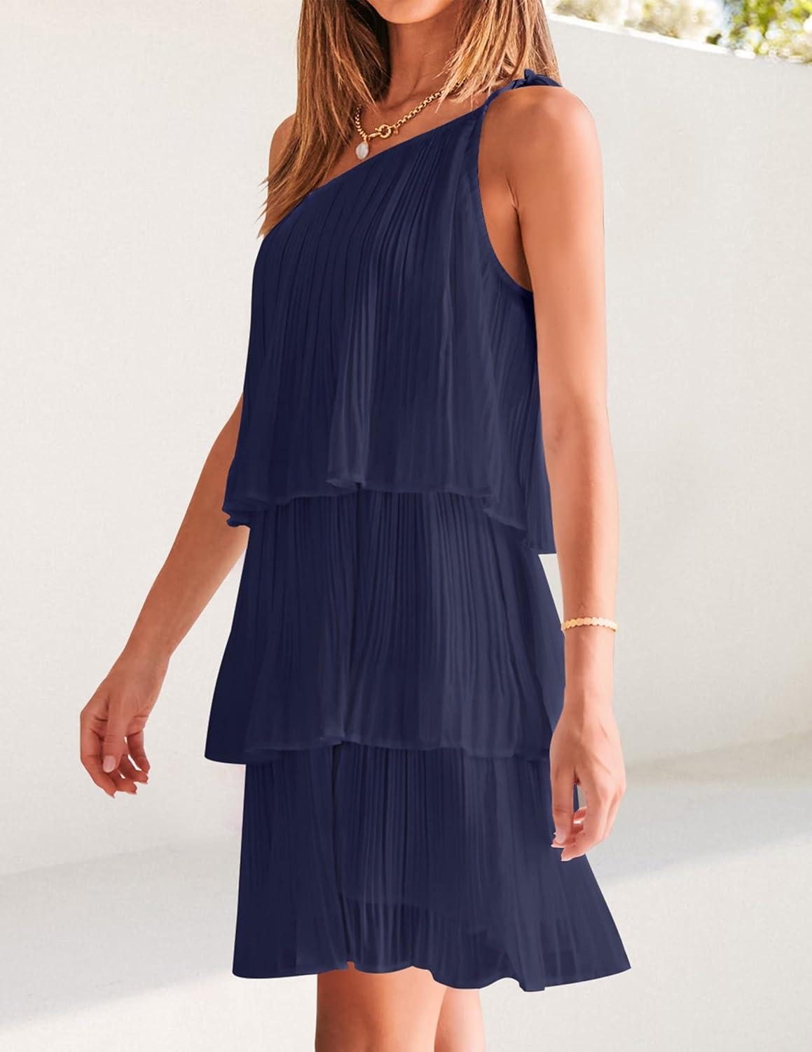 imageZESICA Womens Boho Summer One Shoulder Sleeveless Ruffle Tiered Layered Chiffon Pleated A Line Flowy Mini DressNavy
