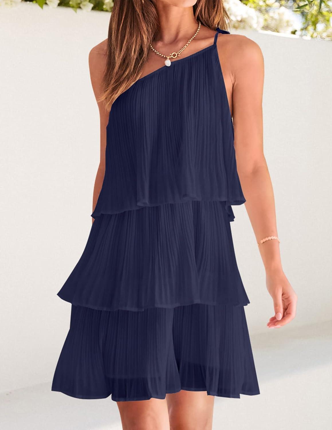 imageZESICA Womens Boho Summer One Shoulder Sleeveless Ruffle Tiered Layered Chiffon Pleated A Line Flowy Mini DressNavy
