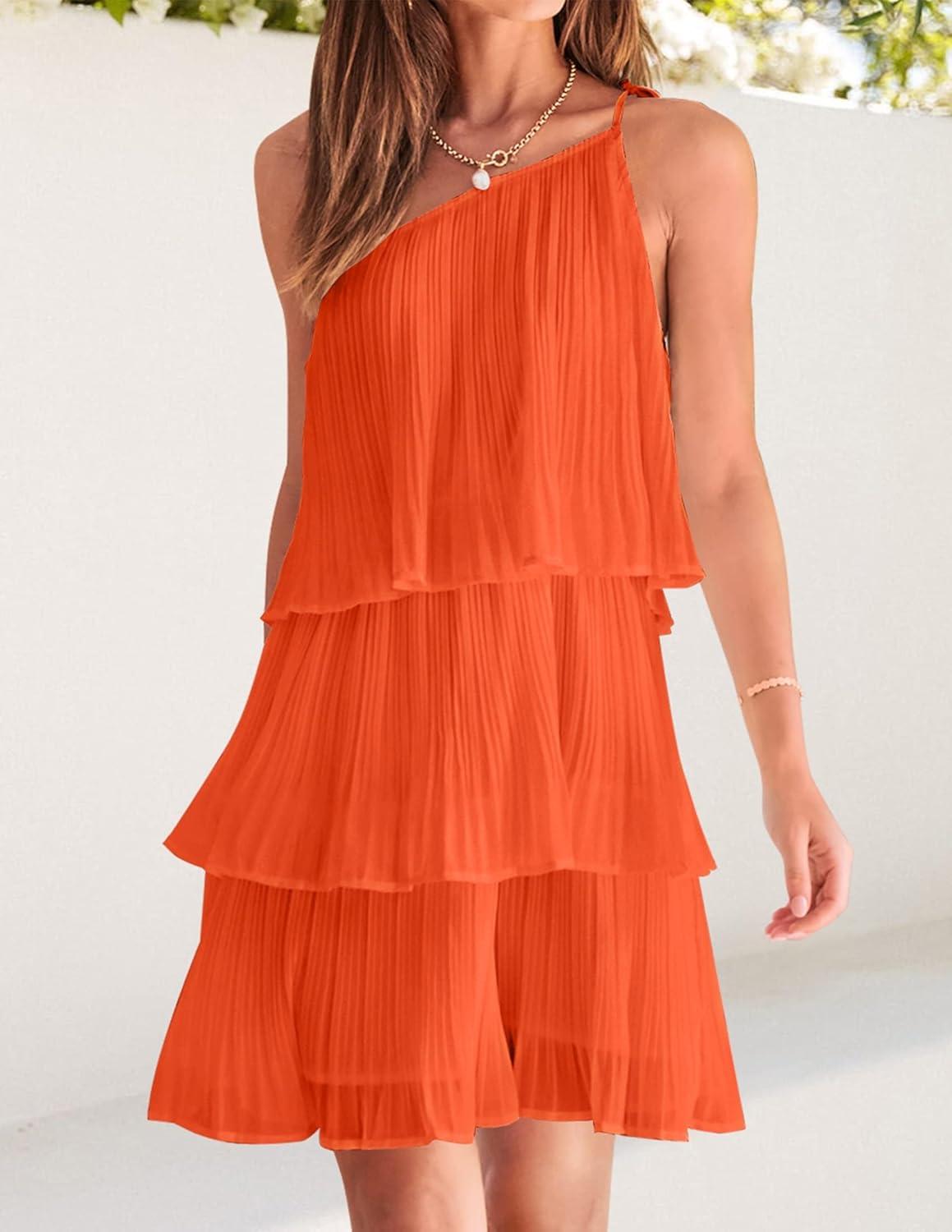 imageZESICA Womens Boho Summer One Shoulder Sleeveless Ruffle Tiered Layered Chiffon Pleated A Line Flowy Mini DressOrange