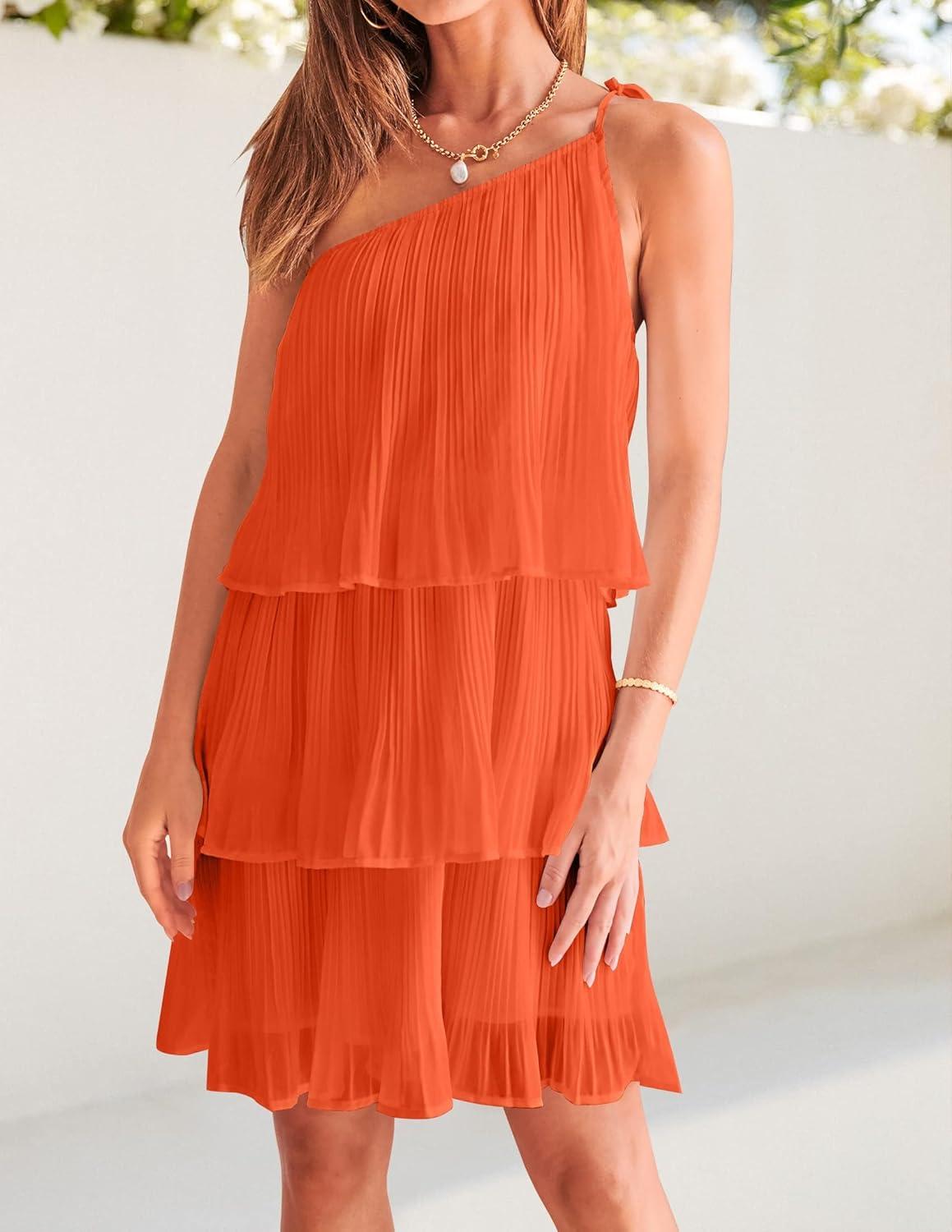imageZESICA Womens Boho Summer One Shoulder Sleeveless Ruffle Tiered Layered Chiffon Pleated A Line Flowy Mini DressOrange