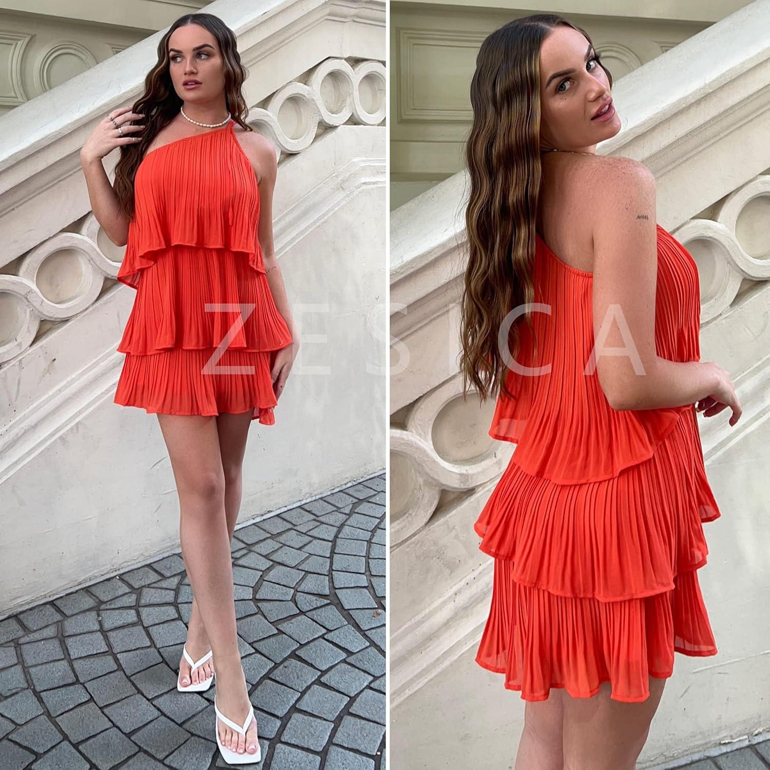 imageZESICA Womens Boho Summer One Shoulder Sleeveless Ruffle Tiered Layered Chiffon Pleated A Line Flowy Mini DressOrange