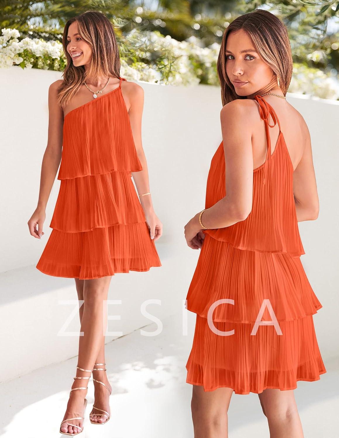 imageZESICA Womens Boho Summer One Shoulder Sleeveless Ruffle Tiered Layered Chiffon Pleated A Line Flowy Mini DressOrange