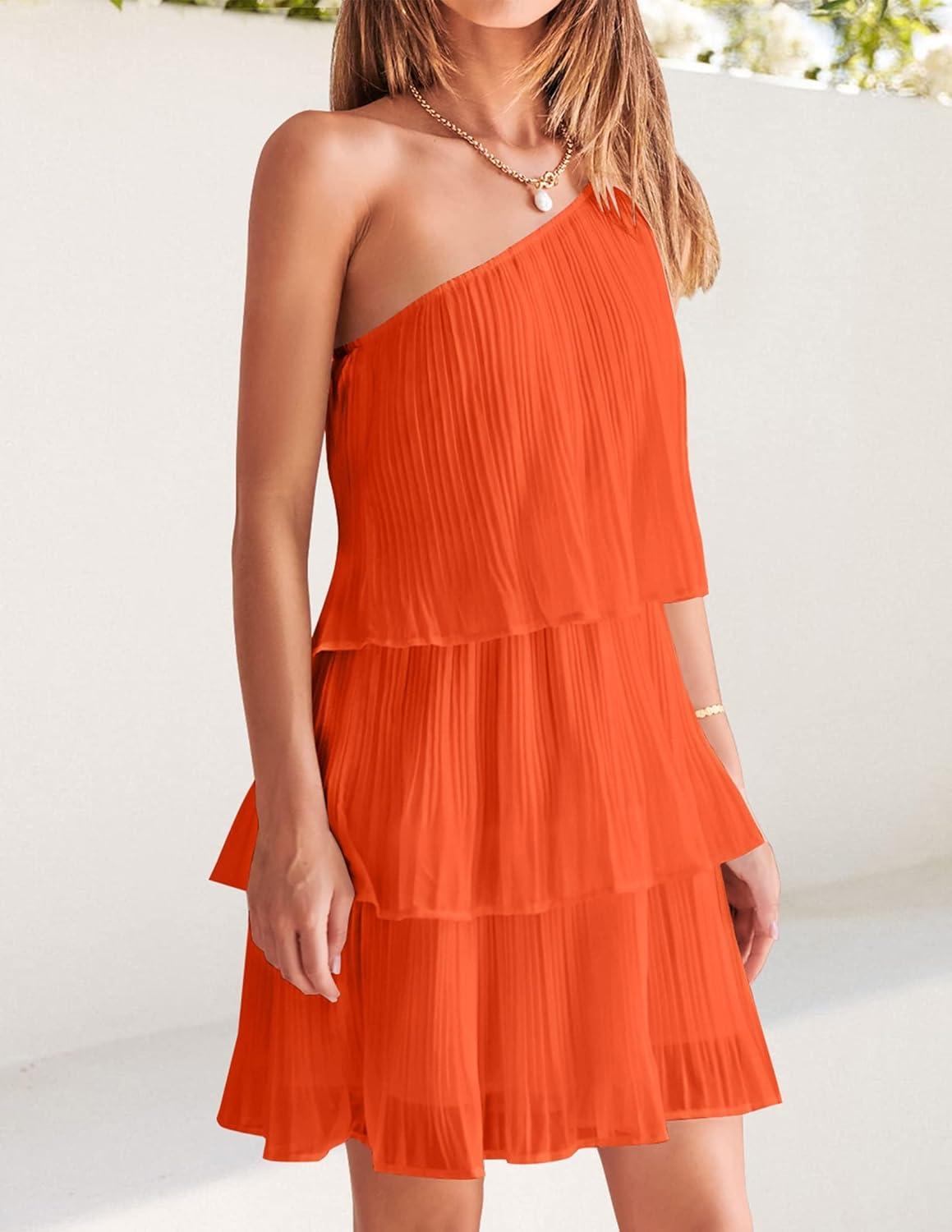 imageZESICA Womens Boho Summer One Shoulder Sleeveless Ruffle Tiered Layered Chiffon Pleated A Line Flowy Mini DressOrange