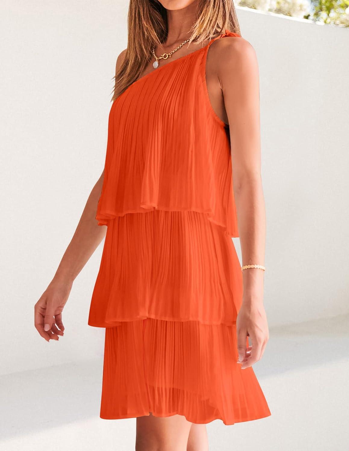 imageZESICA Womens Boho Summer One Shoulder Sleeveless Ruffle Tiered Layered Chiffon Pleated A Line Flowy Mini DressOrange