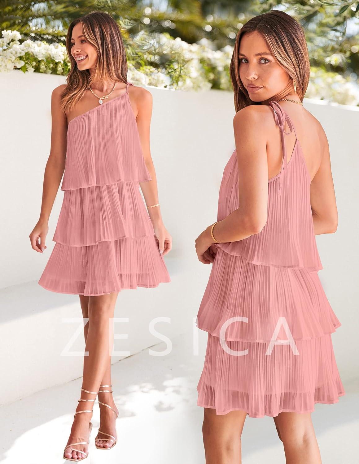 imageZESICA Womens Boho Summer One Shoulder Sleeveless Ruffle Tiered Layered Chiffon Pleated A Line Flowy Mini DressPink