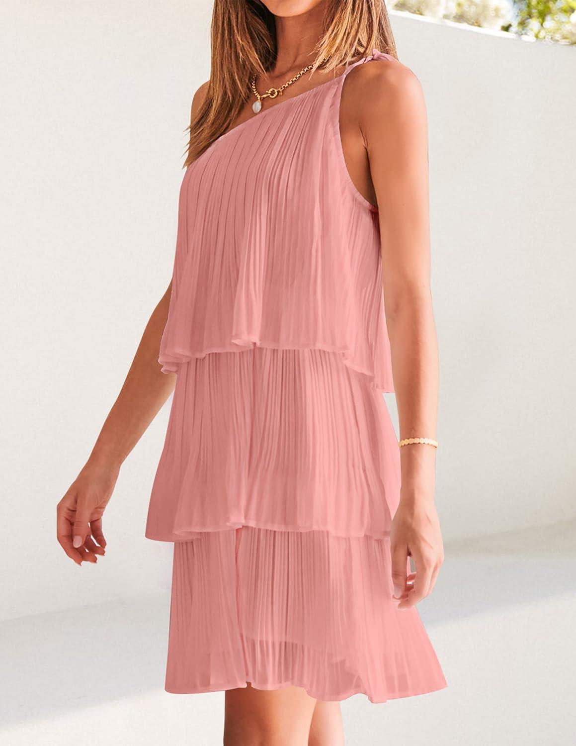 imageZESICA Womens Boho Summer One Shoulder Sleeveless Ruffle Tiered Layered Chiffon Pleated A Line Flowy Mini DressPink