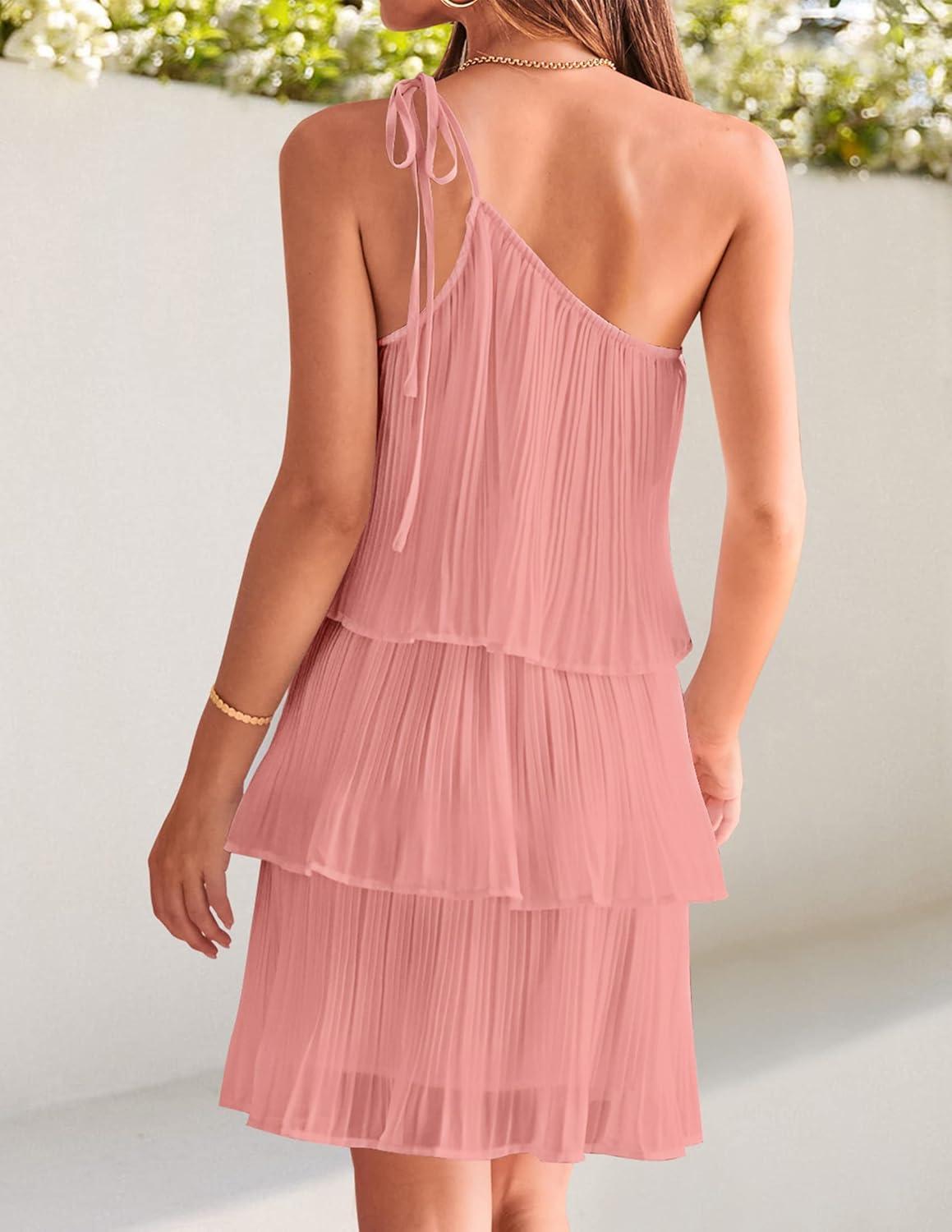 imageZESICA Womens Boho Summer One Shoulder Sleeveless Ruffle Tiered Layered Chiffon Pleated A Line Flowy Mini DressPink