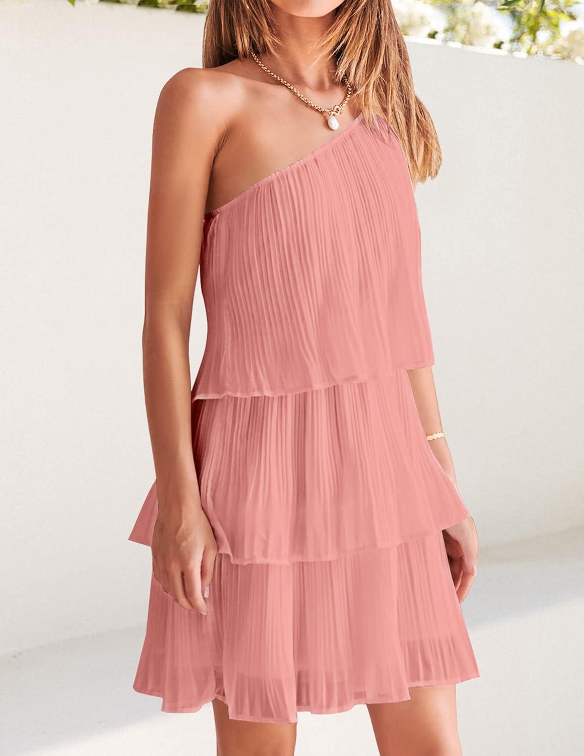 imageZESICA Womens Boho Summer One Shoulder Sleeveless Ruffle Tiered Layered Chiffon Pleated A Line Flowy Mini DressPink