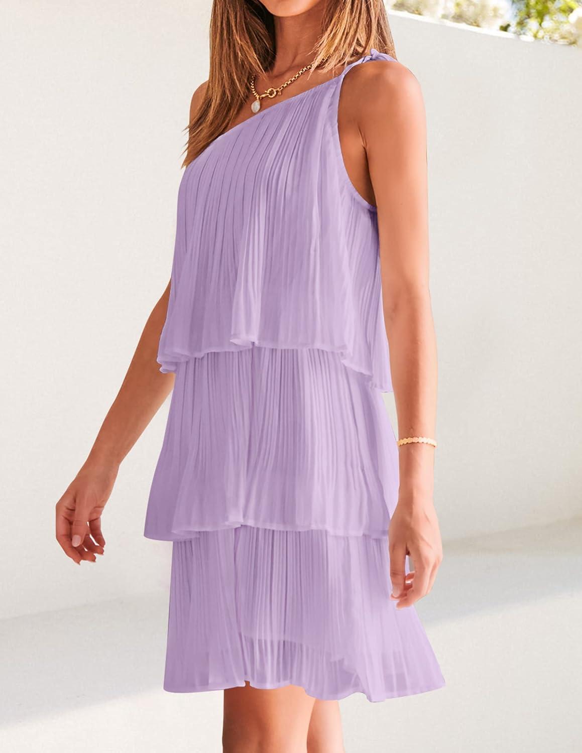 imageZESICA Womens Boho Summer One Shoulder Sleeveless Ruffle Tiered Layered Chiffon Pleated A Line Flowy Mini DressPurple