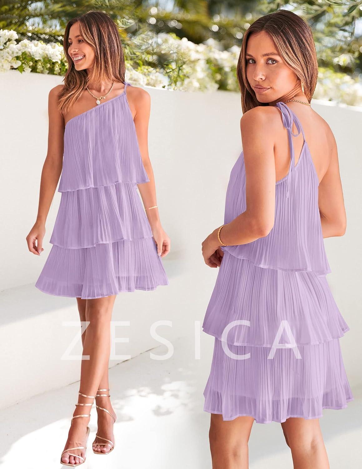 imageZESICA Womens Boho Summer One Shoulder Sleeveless Ruffle Tiered Layered Chiffon Pleated A Line Flowy Mini DressPurple